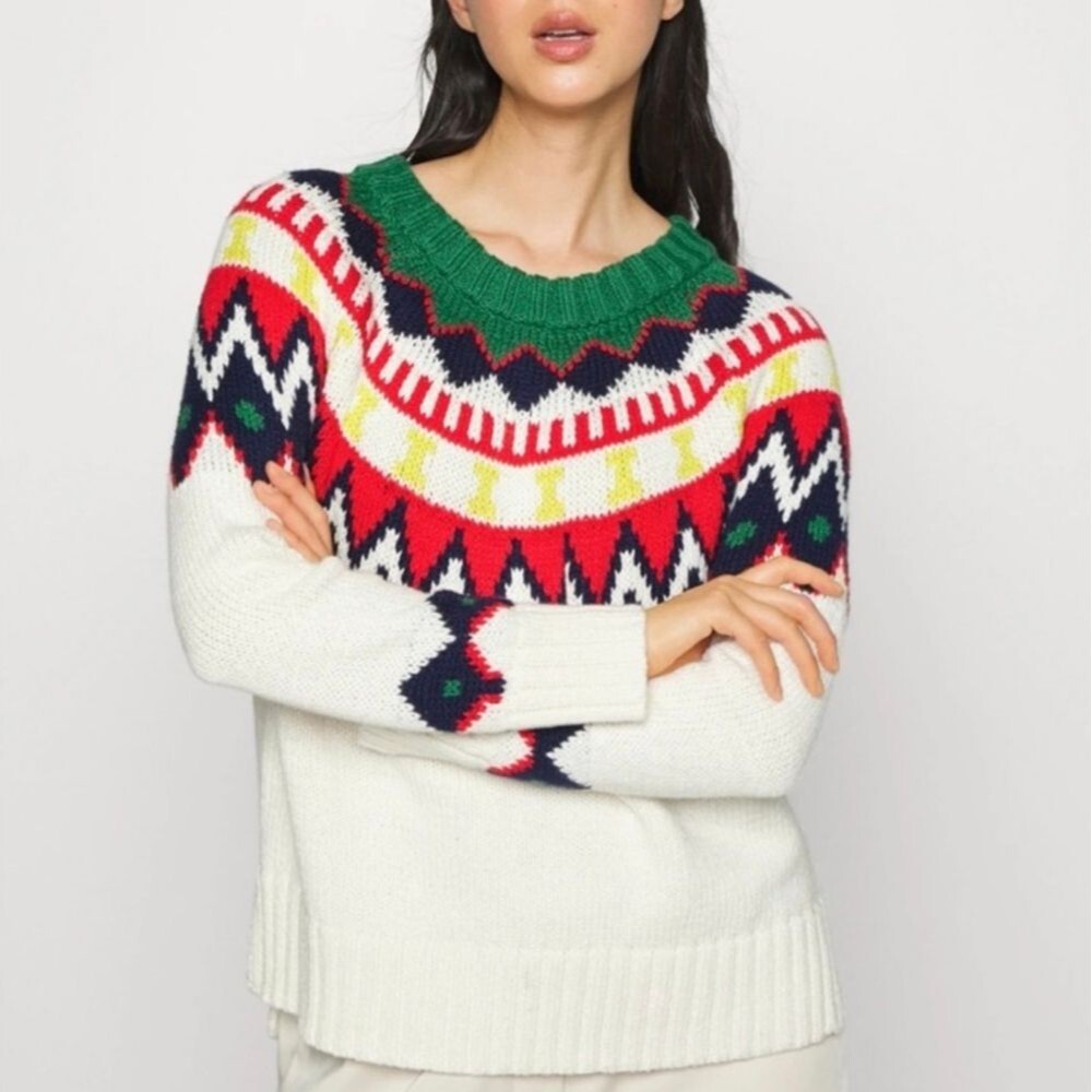 Aerie Fair Isle Yoke Ski Red Yellow Green Blue Oversized Chunky Knit Sweater M